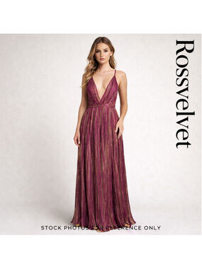 Rosevelvet Metallic Pleated Maxi Dress Pink Gold Deep V Formal Prom NWT S